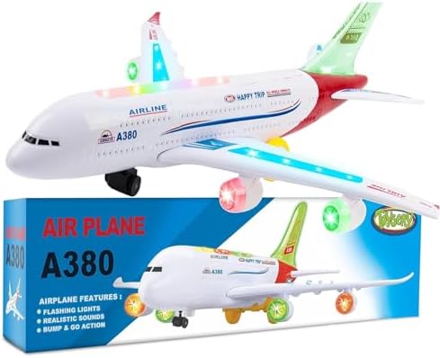 Toysery Airplane Toys for Kids, Bump and Go Action, Toddler Toy Plane with LED Flashing Lights and Sounds for Boys & Girls 3-12 Years Old (Airbus A380)