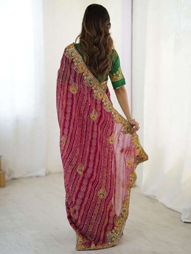 Image of Satrani Women's Georgette Bandhani Printed Embroidered gota lace Saree with Unstitched Blouse Piece