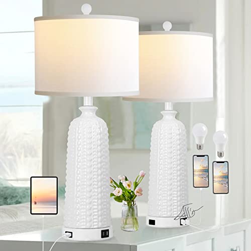 Modern Ceramic Lamps for Living Room - Set of 2 Touch Table Lamps with Dual USB Ports and AC Outlet, Ideal for Bedroom End Tables and Nightstands, Contemporary Design with 2700K Bulbs