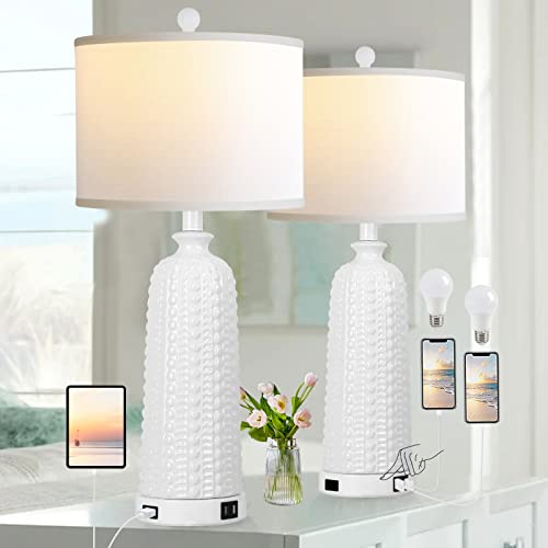 Modern Ceramic Lamps for Living Room Set of 2, Touch Table Lamp with Dual USB Ports and AC Outlet, Bedside Lamp for Nightstand, White Lamp for Bedroom End Tables, Contemporary Lamp with 2700K Bulbs