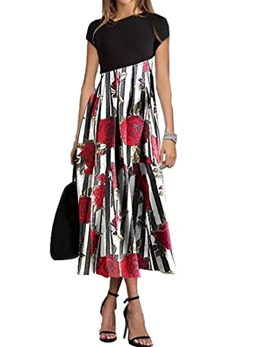 COSKPUTY Damen Sommer Casual Boho U-Ausschnitt Floral Strand Maxi Kleid, rose, XL Cover