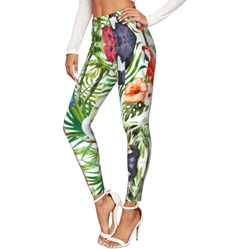 Leggings de compresión Toucans con estampado tropical de loros y hojas para fitness