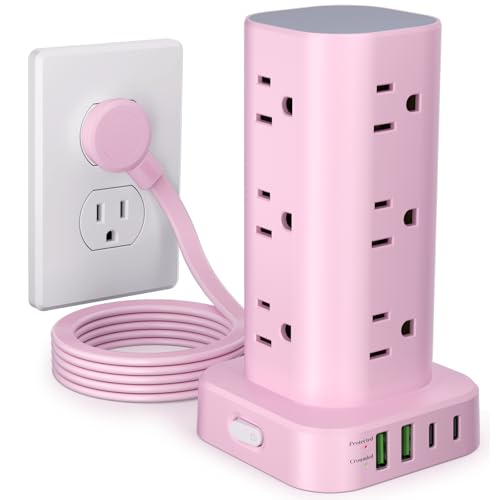 Power Strip Tower with Multiple Outlets Flat Plug Surge Protector Tower Extension Cord with 12 AC Outlets 4 USB Ports (2 USB C) 6FT Cord Power Tower Surge Protector for Home Office Dorm Room Pink