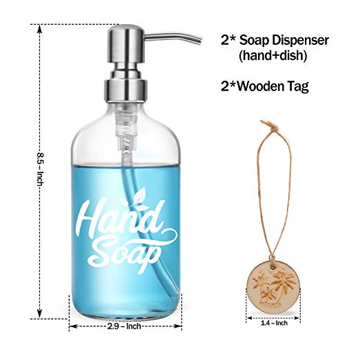 Dish and Hand Soap Dispenser Set - Glass Hand Soap + Dish Soap Dispenser for Kitchen, Bathroom - High Temperature Ceramic Ink Printing Never Falling Off - 16 oz Bottles with 304 Stainless Steel Pumps