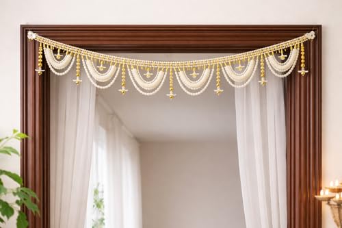 Image of Premium Pearl Beaded Door Toran with Golden Bells | 3 Feet Traditional Bandhanwar for Main Door, Mandir & Wedding Decoration | Elegant Hanging for Diwali & Griha Pravesh
