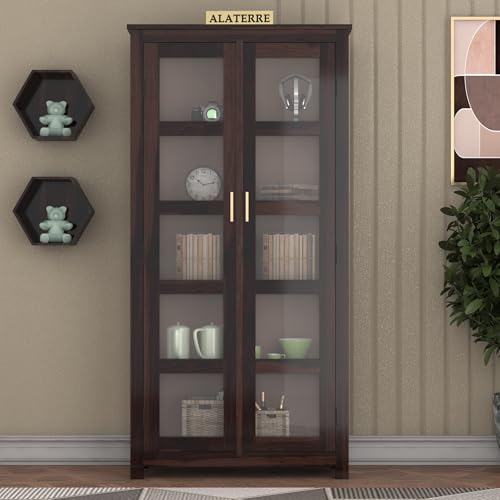 Image of Solid Sheesham Wood Book Cabinet | Tall Wooden Display Unit with 2 Glass Doors & 5 Shelves | Multipurpose Storage Organizer for Living Room & Study | Walnut Finish