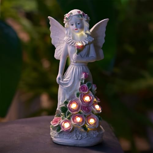 Tuzsocr Solar Engel Gartenstatuen, Schutzengel Figuren mit 7 LED Solarleuchten,Wetterfeste Frostsicher Grabschmuck Gartendeko, Fairy Engel Skulptur Deko Draußen, Rasen, Hof, Terrasse, Fensterbank,33cm
