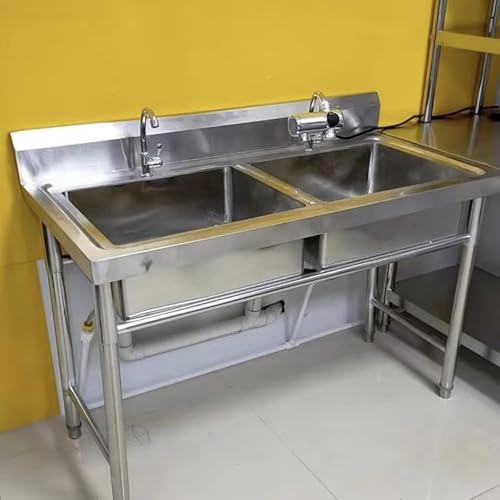 Zdaqian キッチン用流し台 ステンレス簡易流し台 大容量自立型シンク ガーデンシンク ダブルシンク 屋外 簡易式 キッチン用流し台 ワークベンチ 蛇口付き 錆びず 流し台 ステンレス製 幅100x奥行50x高さ80cm ガーデンシンク 簡単取付 シン