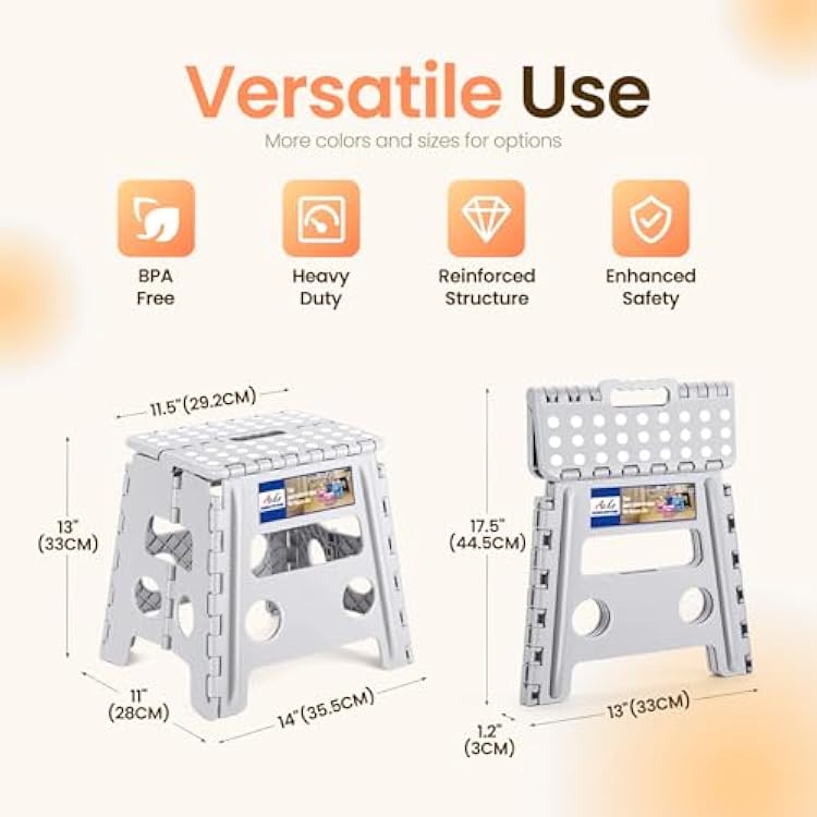 ACKO Folding Step Stool Foldable Stool 13 inch Plastic Stools for Kids and Adults Up to 300 lbs,Stepping Foot Stool with Portable Handle for Kitchen Closet Bedroom (Grey)