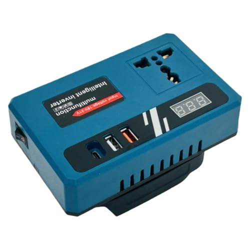 Converter de CC a AC Outdoor, DC a AC Inverter - DC 18V-21V a 220V AC inversor Phone Charger - Adaptador de cargador rápido inteligente con 2 puertos USB y 1 Tipo C para viajes por carretera y campame