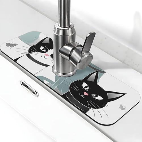Black and White Cats Faucet Mat for Kitchen Sink -
