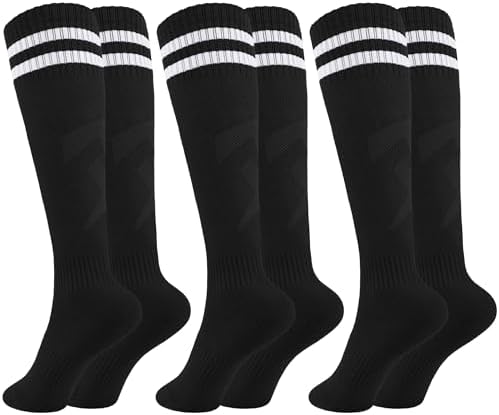 Glooarm 3 Pairs Kids Soccer Socks Baseball Uniform Striped Knee High Socks Cotton World Cup for Boys Girls 3-12 Years Old (Black,6-9 Years)