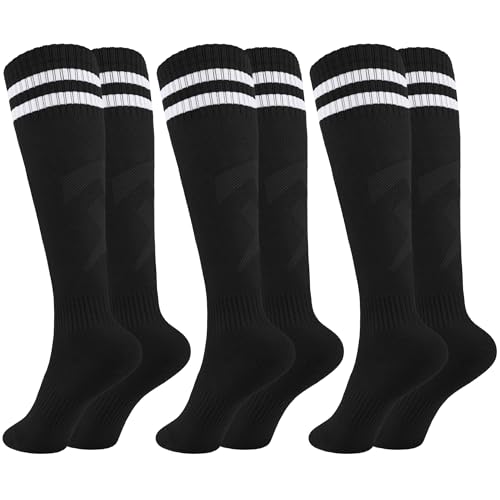 Glooarm 3 Pairs Kids Soccer Socks Baseball Uniform Striped Knee High Socks Cotton World Cup for Boys Girls 3-12 Years Old (Black,6-9 Years)