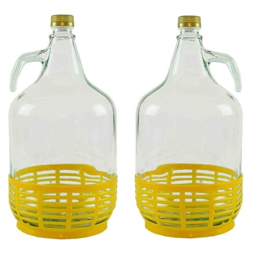 Firmadigaranzia srl SET 2 x Damigiana, Fiasco, Bottiglie di Vetro, da 5 l, con Chiusura a Tappo VITE e cestello - Dama Vetro 5L per Acqua Vino Olio - BOCCIONE Vetro per STOCCAGGIO