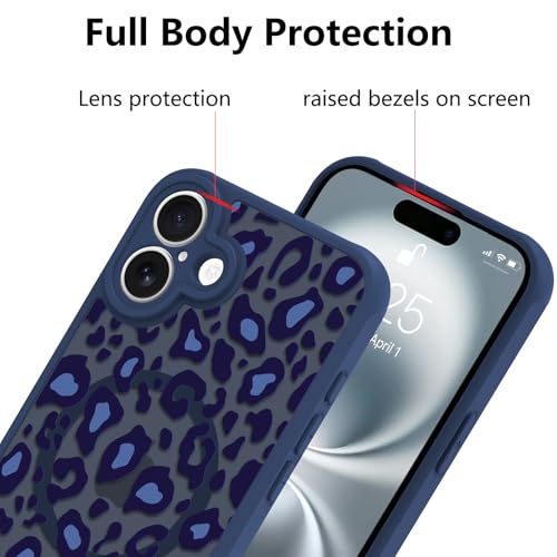 Image of KANGHAR Case for iPhone 16 Blue Leopard Printed Pattern | Cute Cheetah [Compatible with Magsafe] Protective Magnetic Case for Girls Women 6.1 inch