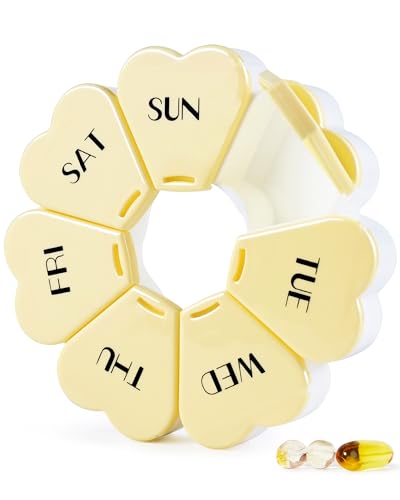 Image of MOLN HYMY Large Weekly Pill Box 7 Day, Pill Case Organizer, Flower Pill Container Once Daily, Round Medicine Dispenser for Vitamin /Fish Oil /Medication /Supplement (Yellow)