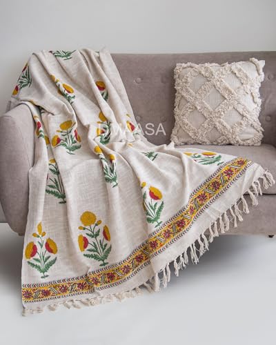 Image of Floral Cotton Throw Blanket for Sofa- 50x70 Inch Handblock Print Sofa Throw - Boho Fringe Decorative Blanket for Couch, Bed & Living Room - Diwali Gift, Rakhi Gift for Sister (R-HBTH00110)