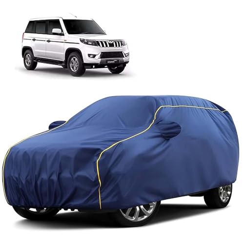 Image of Sulfar 100% Water Resistant Car Body Cover Compatible with Mirror for Mahindra Bolero Neo Plus (Triple Stitched, Full Bottom Elastic, Blue Tafetta with Yellow Piping)