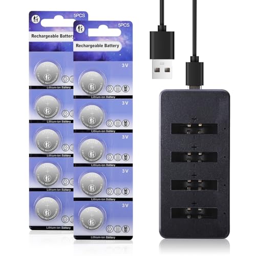 JOXIYECLTL LF2032 Rechargeable Batteries Replace CR2032 3V Lithium-ion Coin Battery with Charger(10 Pack)