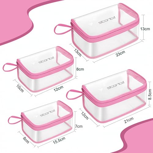Image of Storite Set of 4 PVC Travel Pouch Multipurpose Waterproof Cosmetic & Toiletry Bags with Zipper for Makeup, Stationery & Accessories - Transparent Pink