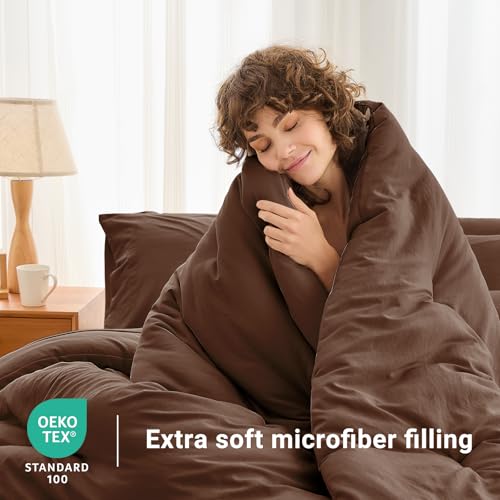 MUXHOMO 7 Pieces Full Comforter Set, Soft Bed in a Bag Full Size, All Season Bedding Set with Comforter, Flat Sheet, Fitted Sheet, Pillowcases & Shams, Brown