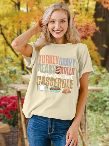 Image of Thanksgiving Shirts Women Turkey Gravy Beans and Rolls Tshirts Funny Turkey Graphic T-Shirt Family Thanksgiving Tops