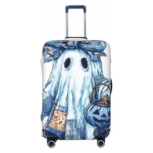 Blue Denim Ghost Pumpkin Bucket Bow Elastic Travel Luggage Covers Dustproof Scratch-Resistant Suitcase Protector Fit 22-24 Inch