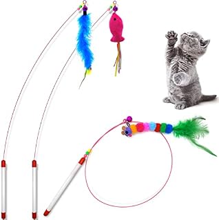 Autoau 3Pack Cat Feather Toys,Interactive Cat Teaser Wand With Pink Fish And Mice Bells, Cat Toys For Indoor Cats Kitten Interactive Training