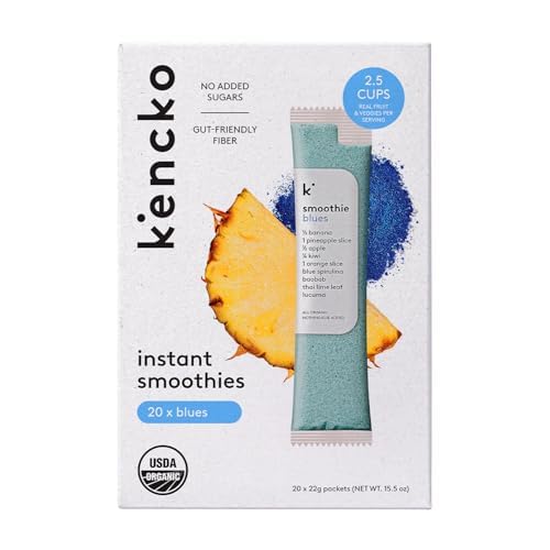 kencko Blues Smoothie Mix Packets - 20 Instant Breakfast Smoothies Made of Nature’s Original Superfoods - Pineapple, Kiwi, Banana, Blue Spirulina + More - Organic Fruit & Veggie Healthy Smoothies