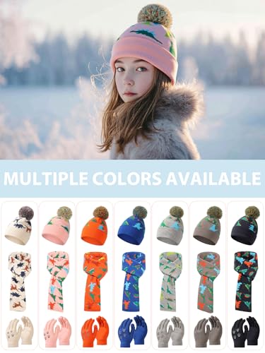 Image of NATUST Kids Winter Hat Gloves Scarf 3 Piece Set Stocking Caps Toddlers Dinosaur Pom Pom Beanie Children Knitted Warm Set