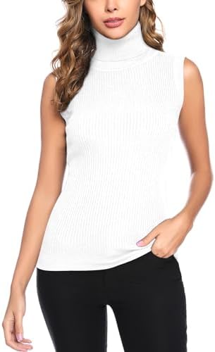 Gyabnw Gebreid vest voor dames, mouwloos vest, gebreide trui, elegant, gebreide trui met rolkraag, vest, top, zachte tanktop voor herfst en winter, wit, XL