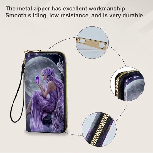 Women's Card Holder Wristlet Wallet, Convenient Travel Long Wallet with Strap and Pink Compact Mirror, Fashion and Sturdy Wristlet Long Purse for Women, Moonlight Fairy4