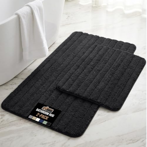 Image of GORILLA GRIP Memory Foam Bathroom Rugs, Soft Absorbent Textured Rubber Backing Striped Bath Mat, Set of 2 Machine Washable Quick Dry Floor Mats, Shower Rugs Home Accessories, Black 24x16 and 30x18