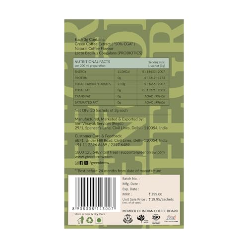 Image of Greenbrrew Natural Instant Green Coffee - 20 Easy Mix Sachets, Pack of 1 (60g)
