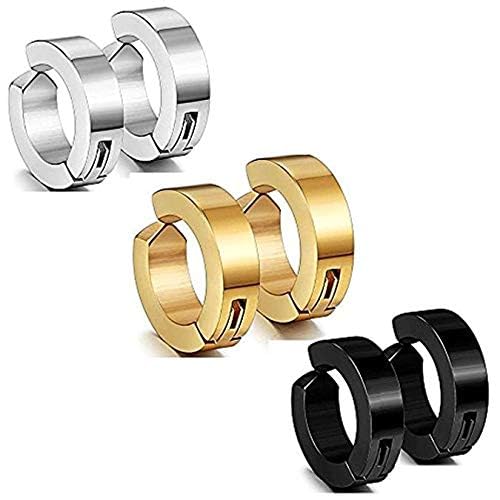 Jewellery Black, Gold and Chrome Metal Non-Piercing Stud Earrings for Men-Set of 6 Pieces