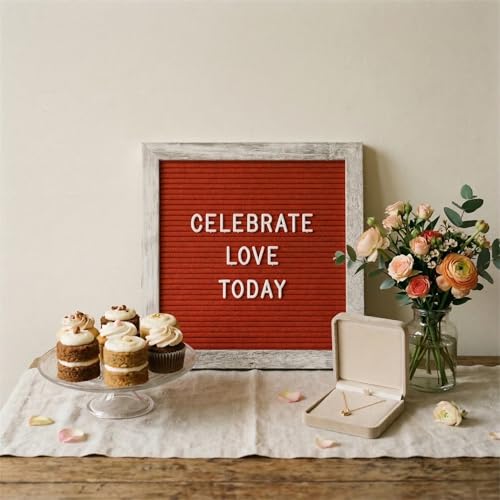 Image of Rustic Red Felt Letter Board Sign, 10x10 Inch with Display Stand | 336 letters, numbers and symbols, rustic wood frame, wall mount and stand for warm everyday home messages