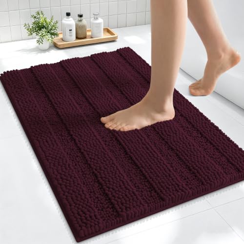 Image of Smiry Thick Small Chenille Bathroom Rugs 24x16, Soft Bath Mat, Black Cherry | Quick‑Dry & Machine Washable, Non‑Slip Bath Carpet, Striped Bath Rugs for Tub & Shower, Modern Home Decor Accessories