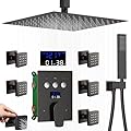 AYIVG Oil Rubbed Bronze Full Body Ceiling Mount 12 Inch Rainfall Shower System with 6 Shut Off Body Jets Push Button Diverter Shower Faucet And Handheld Temperature Display Shower Jets System Set