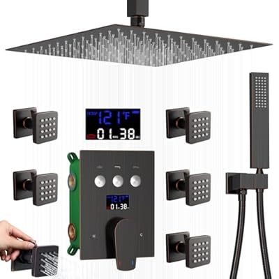 AYIVG Oil Rubbed Bronze Full Body Ceiling Mount 12 Inch Rainfall Shower System with 6 Shut Off Body Jets Push Button Diverter Shower Faucet And Handheld Temperature Display Shower Jets System Set