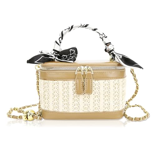 Bolso bandolera cuadrado para mujer de paja y cuero miniatura 1