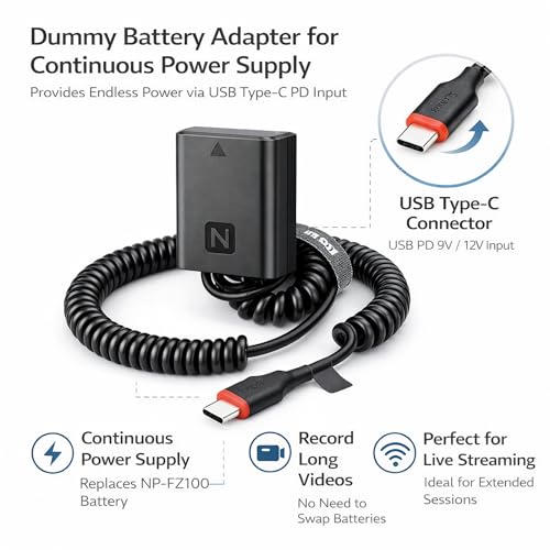 Image of NP-FZ100 Dummy Battery with Type-C DC Coupler for Sony Mirrorless Cameras | Continuous Power Supply for Video Recording, Live Streaming & Studio Use