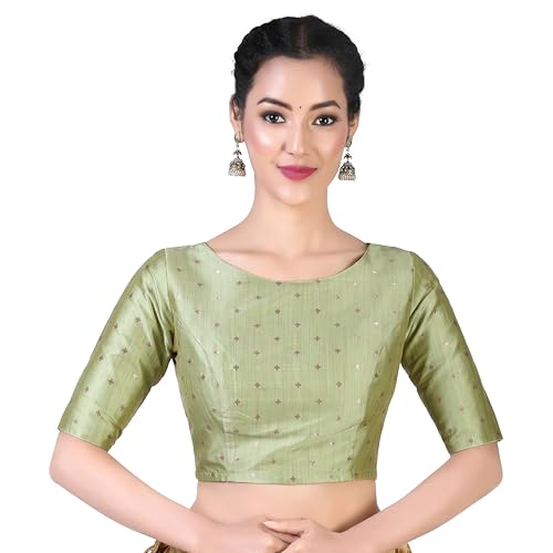 Image of Studio Shringaar Women Cotton Silk Silky Brocade Readymade Elbow Length Sleeves Saree Blouse Choli