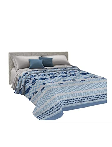 ITALYSWEETHOME COPRILETTO ESTIVO PESCI MARE BLU PIQUET DI COTONE MADE IN ITALY (Matrimoniale)