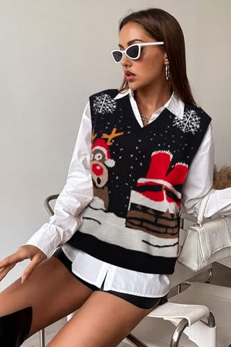 Image of JULYCLO Christmas Sweater Vest Women Ugly Xmas Reindeer Knit Sweaters Casual Santa Snowflake V Neck Sleeveless Outwear Tops