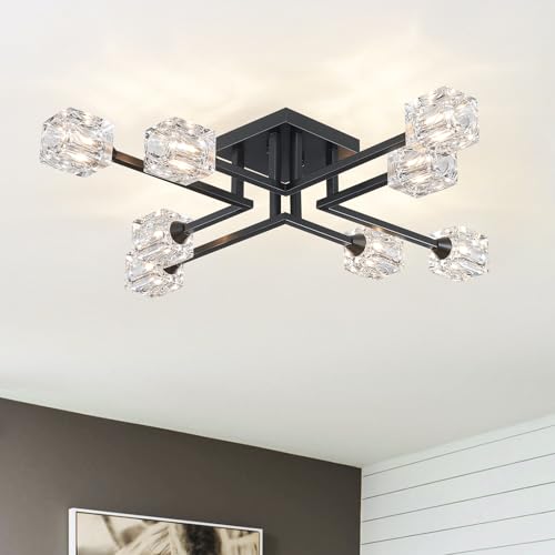 peskoe Black Industrial Ceiling Light Fixtures, 8-Light Vintage Farmhouse Sputnik Chandeliers for Dining Room, Living Room, Kitchen, Bedroom, 31.5" Glass Close Ceiling Light