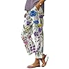 Linen Pants Women Summer Boho Floral Pants Hight Waist Drawstring Casual Loose Floral Pants with Pockets