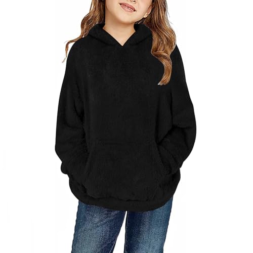 Saxrel Sudadera con capucha de forro polar para niñas, suéter con capucha con bolsillo, sudadera mullida de sherpa cálida para invierno, ropa deportiva, informal, ligera, 1 negro., 7 años