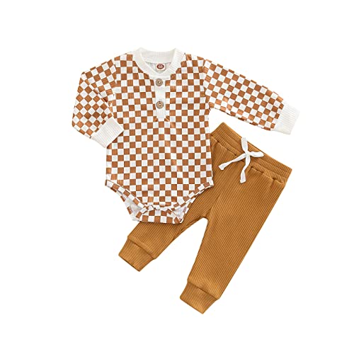 Image of Newborn Baby Boy Girl Clothes Ribbed Knitted Cotton Long Sleeve Romper Long Pants Solid Color Fall Winter Outfits