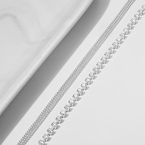 Tasiso Silver Plated Layered Rhinestone Chain Charm Anklet Cubic Zirconia Ankle Bracelet Summer Sparkling Crystal Foot Chain Jewelry For Women 8.3" #TOP4