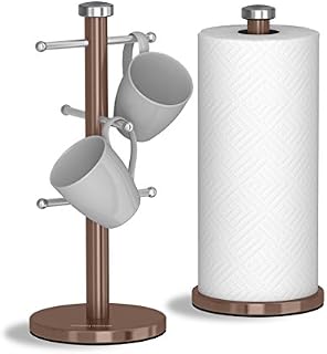 Morphy Richards 974039 Accents Kitchen Roll Holder and Mug Tree Set, Stainless Steel, Copper, 15 x 15 x 34.5 cm